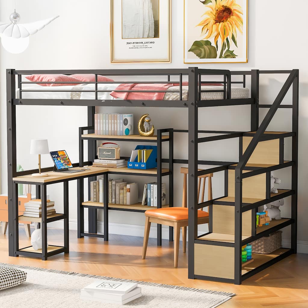 Full Size Metal Loft Bed with Staircase, Built-in Desk, and Shelves in Black