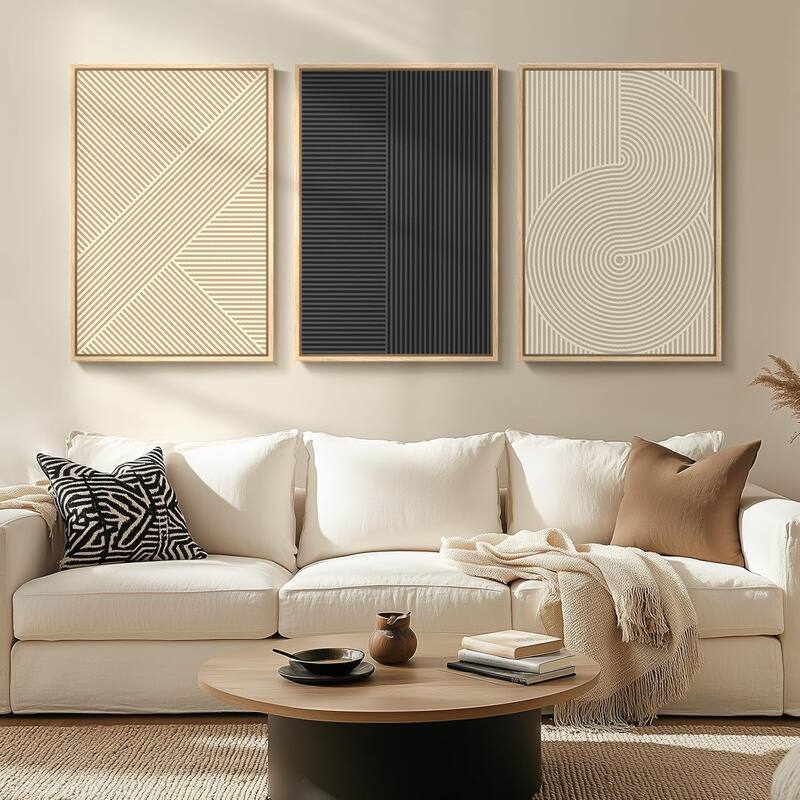 Modern Abstract Beige Boho Geometric Set of 3 Piece - 24 x 36