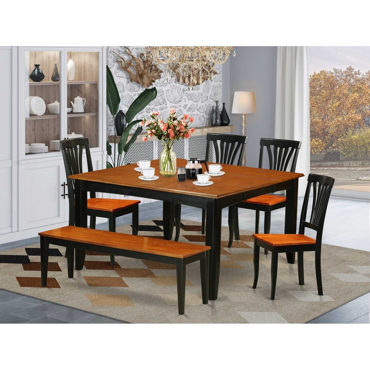 HomeStock 6-Piece Square Black & Cherry Finish Solid Wood Top dining Table with 1-Bench and 4-Chairs