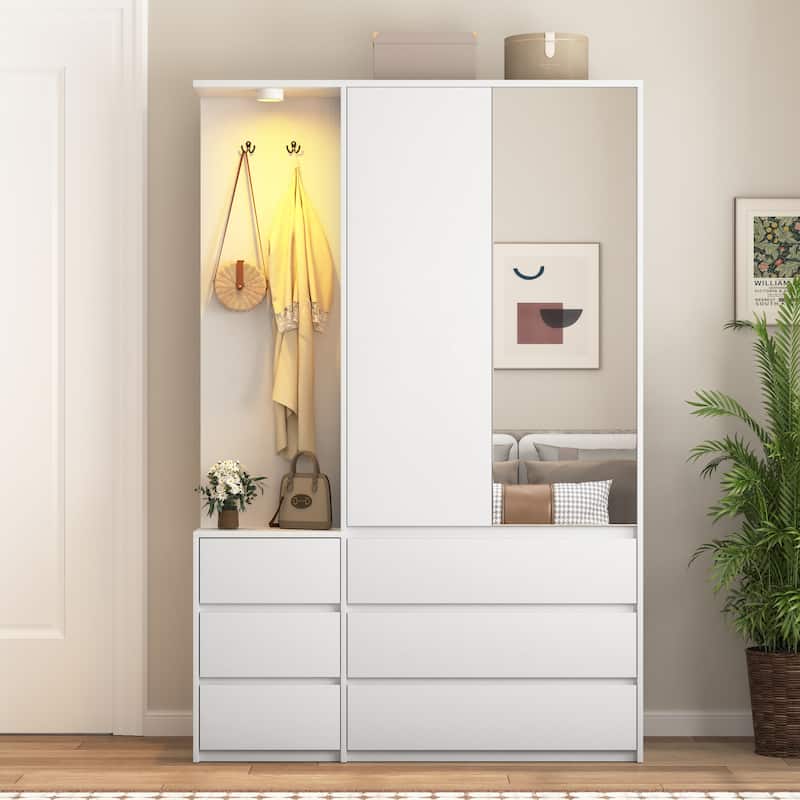 Wardrobe Armoire Closet with 2 Doors, White Clothing Storage Cabinet with 6 Drawers and Hanging Rail