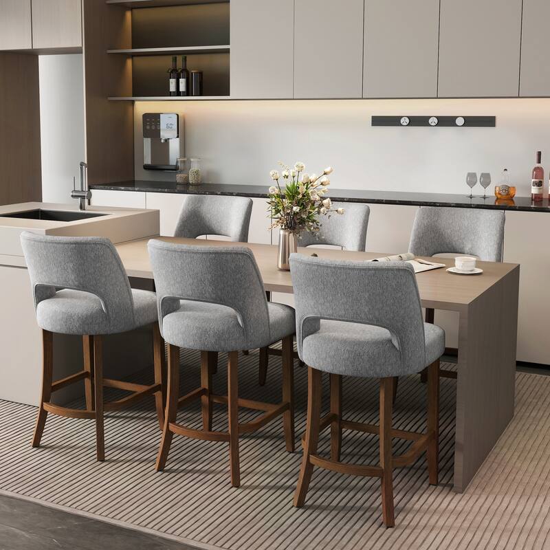 Set of 2/4/6,Upholstered Counter Height Bar Stools,Modern Counter Stools with Wood Legs for Kitchen Island Dining Room Bar - Grey - Set of 6