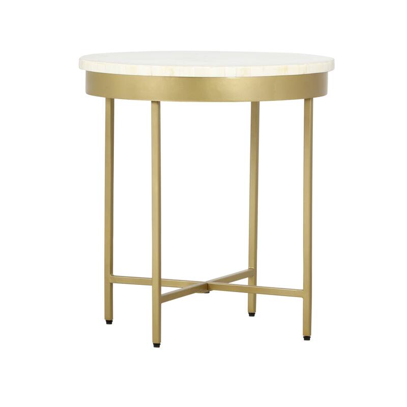 Sevita Alaric Round Bone Inlay and Gold Steel Cross-Leg End Table, 20" W x 22" H - 20" L x 20" W x 22" H