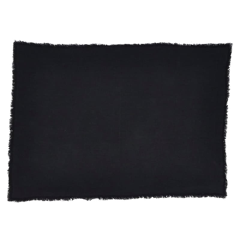 Fringed Design Stone Washed Linen Napkins or Placements (Set of 4) - Placemat 14 x 20 - Black - Set of 4