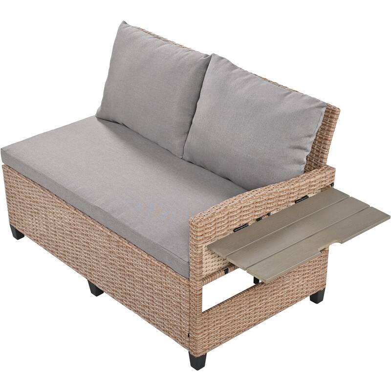 5-Piece Outdoor Patio Rattan Sofa Set - L-Shaped PE Wicker Sectional with 2 Extendable Side Tables, Dining Table
