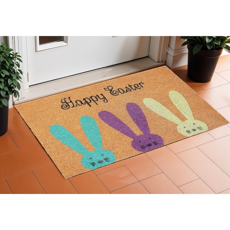 HomeRoots 17" X 29" Natural Aqua And Purple Bunny Happy Easter Coir Outdoor Door Mat - 17' X '29 - 17' X '29