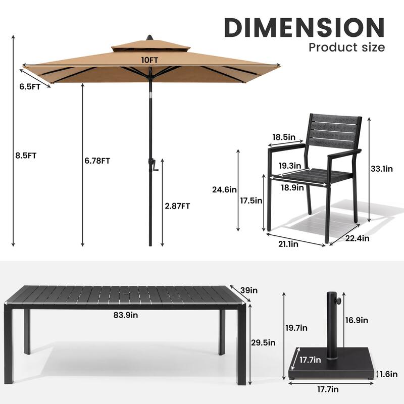 9/11-Piece Outdoor Patio Dining Set Aluminum Dining Table and Stackable Chairs w/10 ft Market Umbrella and Base