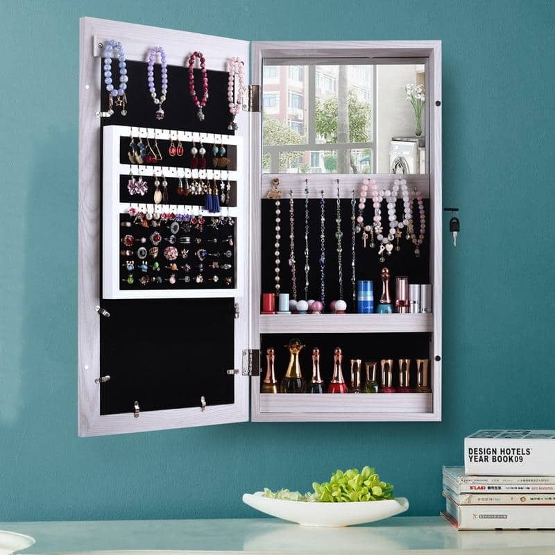 24-inch White Wall-mounted Lockable Mirrored Jewelry Armoire Cabinet