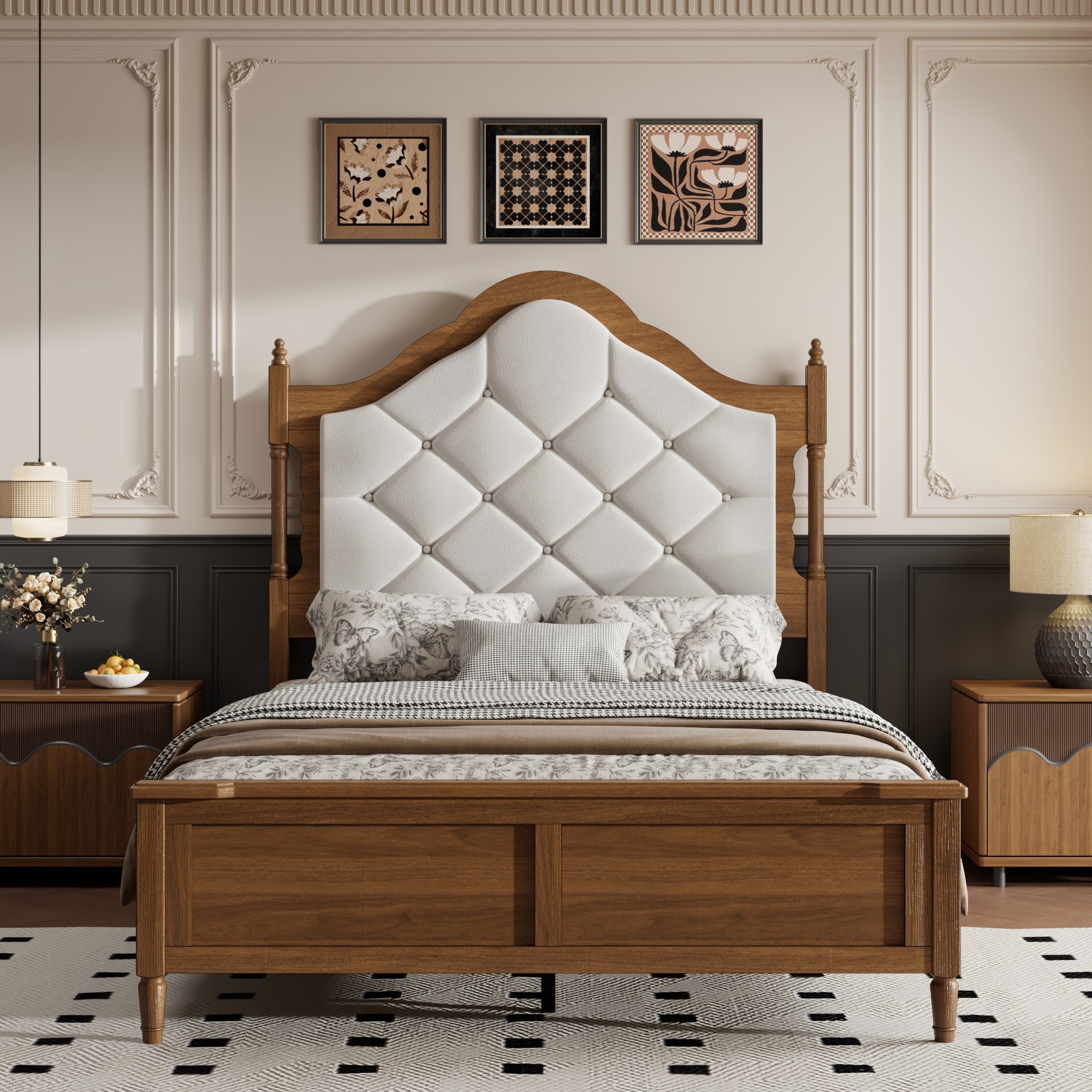 Full/Queen size bed frame upholstered headboard panel footboard vintage mid century