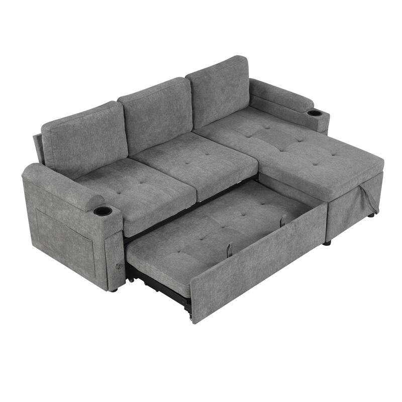 L-Shaped Convertible Sofa Bed with Reversible Chaise Lounge, Chenille Fabric Sectional Sofa with 2 Cup Holders & 2 USB Ports