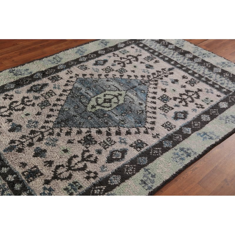 Geometric Plush Moroccan Shaggy Rug Hand-Knotted Wool Carpet - 4'11" x 8'3"