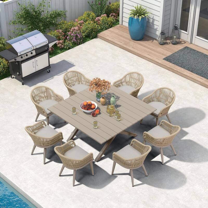 PURPLE LEAF 7 Pieces Patio Dining Set with Outdoor Aluminium Square Dining Table and Woven Rattan Chairs - 8person(square)