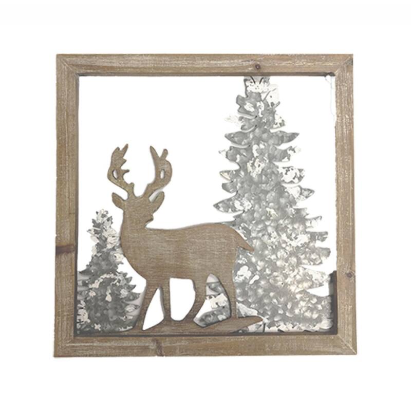 Wooden Deer Against Metal Trees In Wooden Frame Wall Decor
