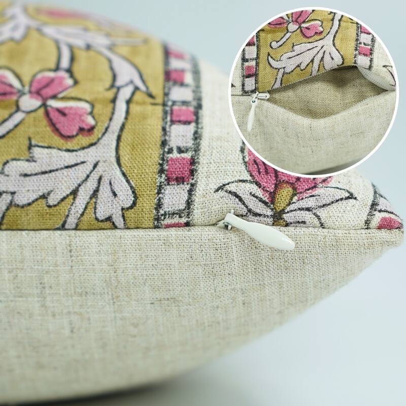 Fabdivine Viscose Linen Floral Block Print 24x24 Inches Pillow Cover for Eco Style Fall Home Decor Pink Cushioncase, Laxmi