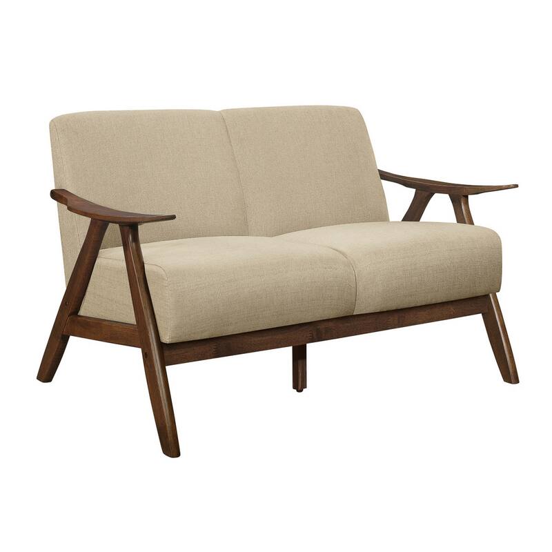 Indy 51 Inch Loveseat, Brown Rubberwood Angled Frame, Textured Beige Fabric