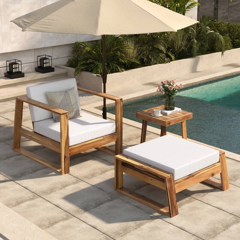 Acacia Wood Outdoor Lounge Set - Chair & Ottoman - Beige