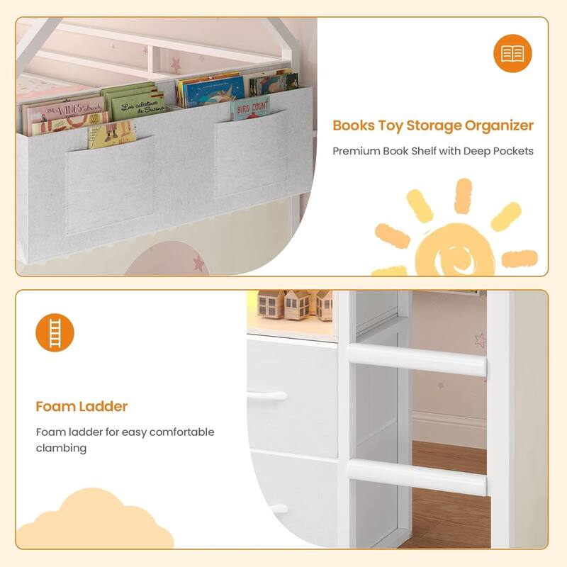 House Low Loft Bed Twin Size Storage Drawers Bookcase LED Lights