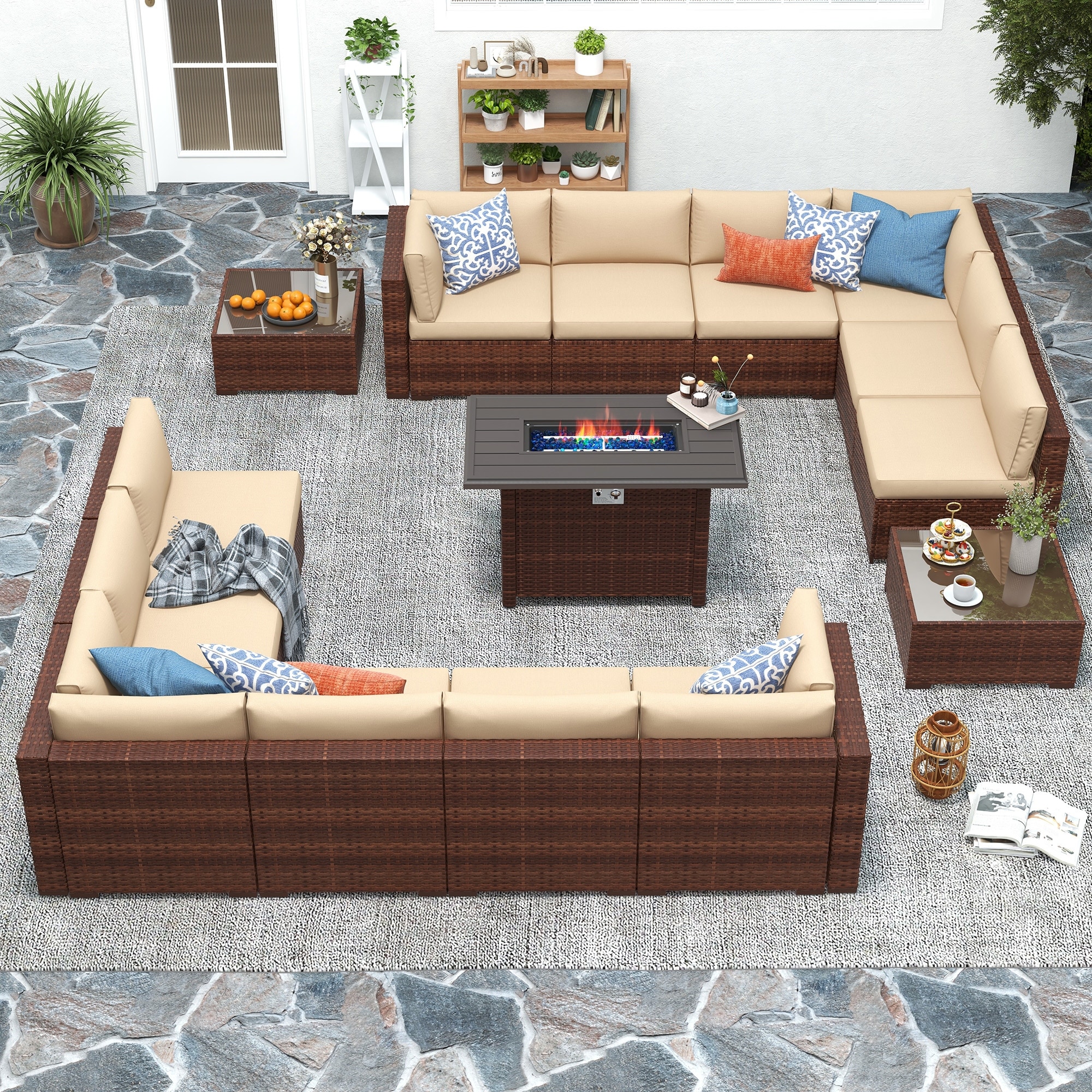 15 Piece Wicker Set Patio Sofa Furniture with Fire Pit And Table