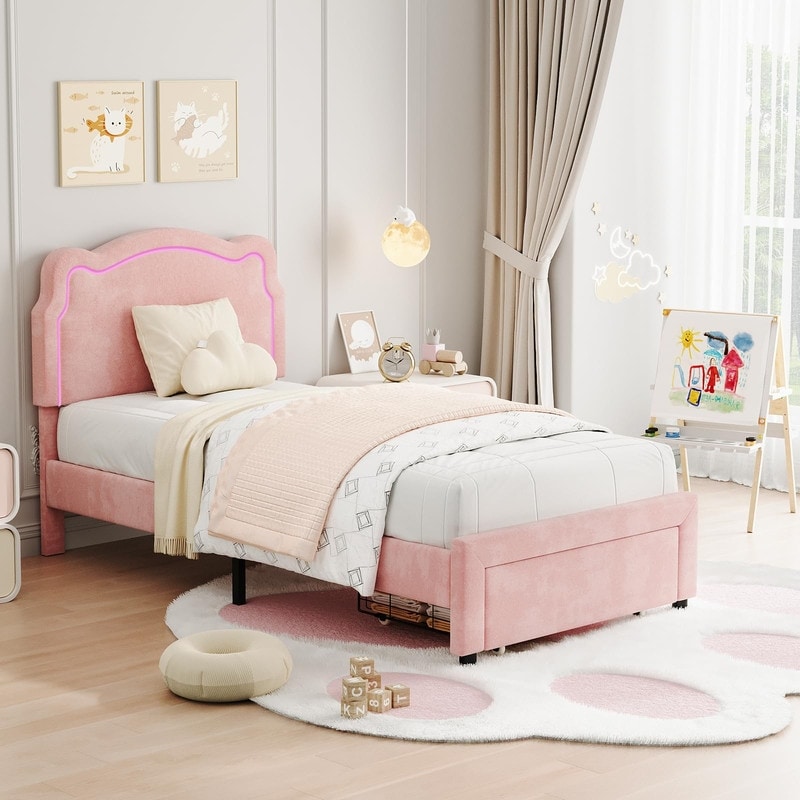 Twin Upholstered LED Bed Frame, Adjustable Headboard + Storage Drawer, No Box Spring