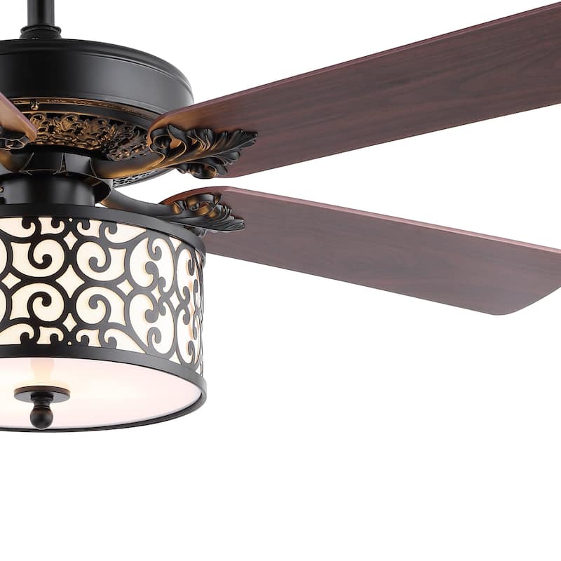 Paolo 52" 3-Light Farmhouse Industrial Iron Scroll Drum Shade LED Ceiling Fan With Remote, Black/White by JONATHAN Y