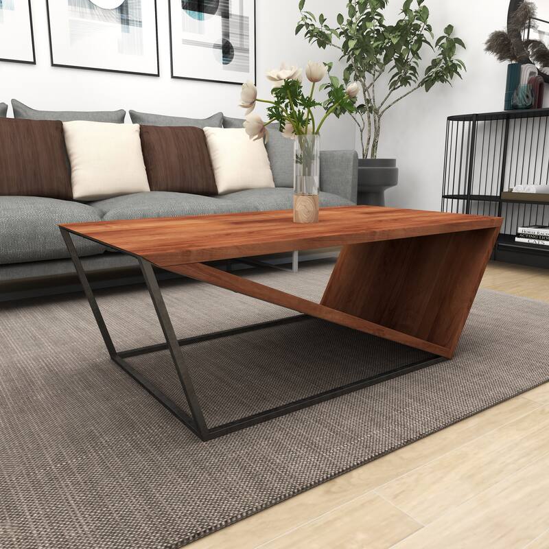 Brown Wood Diagonal Open Frame Living Room Coffee Table with Gray Metal Base