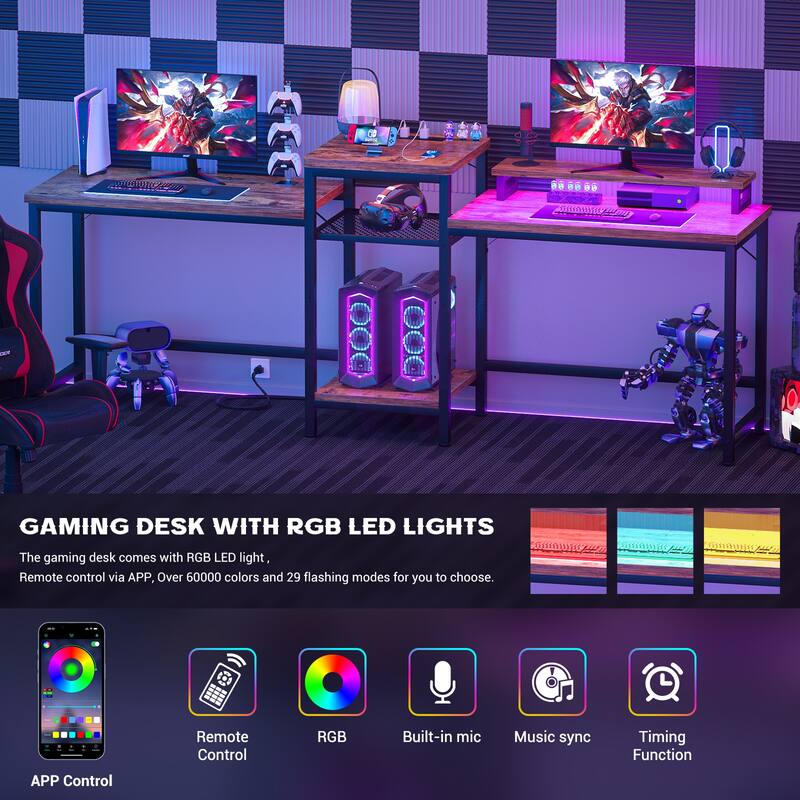 2 Person Computer Desk with LED Light and Power Outlet, Double Gaming Desk with Shelves