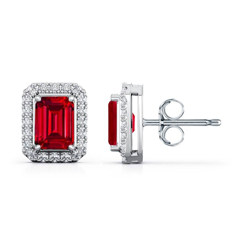 Auriya 14k Gold Lab Grown Gemstone Ruby Stud Earrings Emerald 0.25 to 5.00 ct. tw. Halo Push-Back - 0.75ct tgw. - White