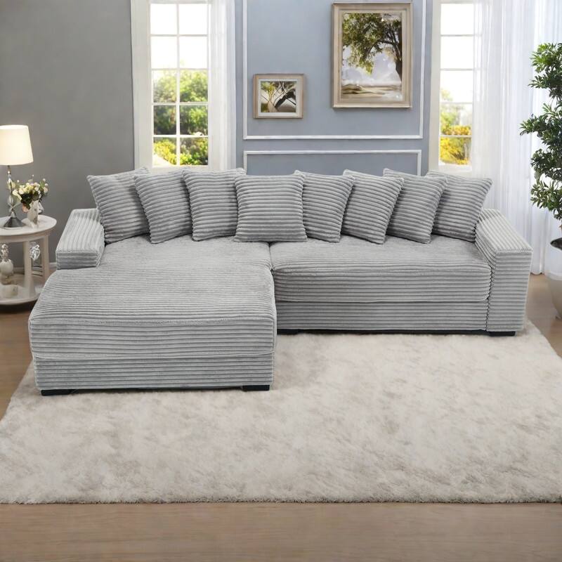 111" Corduroy L-Shape Sectional Sofa with Left Chaise, 8 Throw Pillows and Square Armrests - Gray