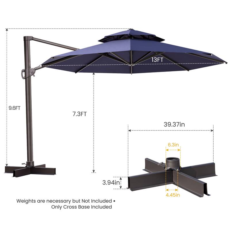 10 FT x 13 FT Outdoor Luxury Solar LED Patio Cantilever Umbrella With Base