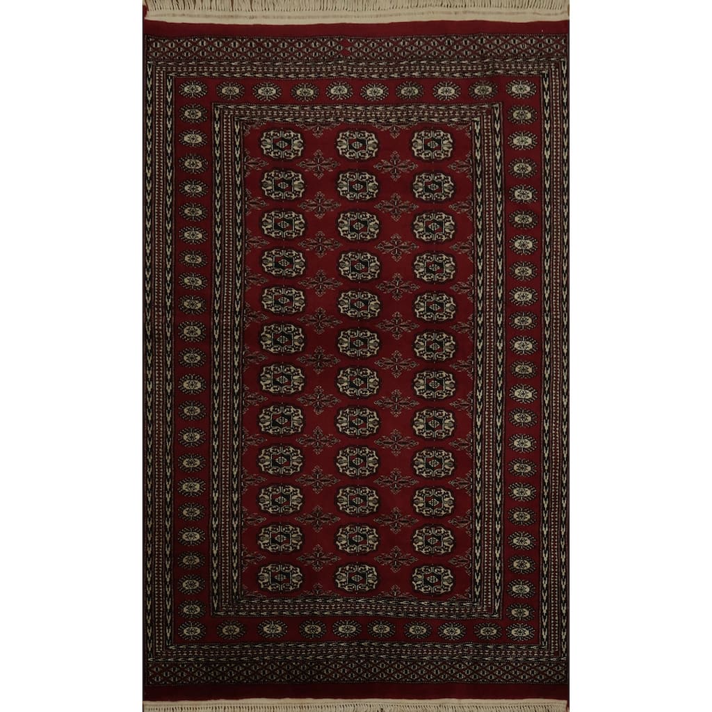 Hand Knotted Oriental 100% Wool Carpet Traditional Geometric Red Bokhara Area Rug - 5' 8'' X 4' 1''
