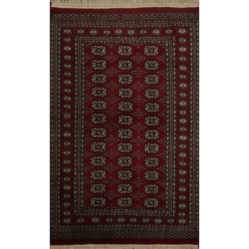 Hand Knotted Oriental 100% Wool Carpet Traditional Geometric Red Bokhara Area Rug - 5' 8'' X 4' 1''