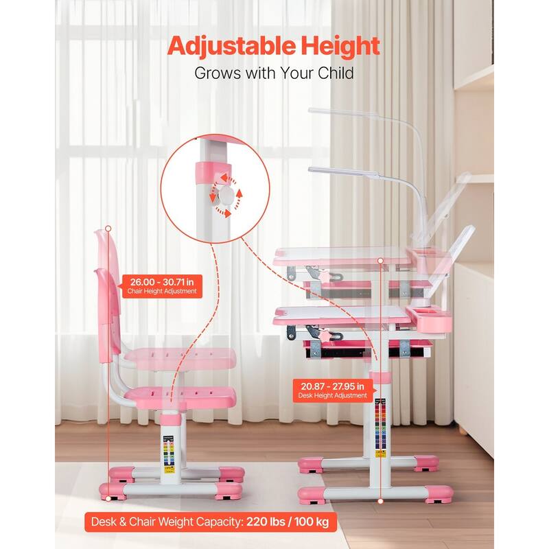 Kids Chair and Desk Set Table with Adjustable Height and Steel Frame Suitable for Any Room - 27.56 x 20.08 x (20.87 - 27.95) in