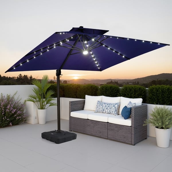11 foot led patio umbrella Aluminum Patio Cantilever Umbrella, LED/Solar, Double-Top, 360-degree Rotation, Adjustable, 9' x 11' Rectangular, Tan