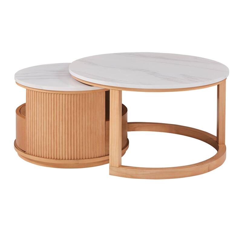 Round Nesting Coffee Table with White Marble Top, 2-Tier storage and 1 drawer, Natural, 28.5"