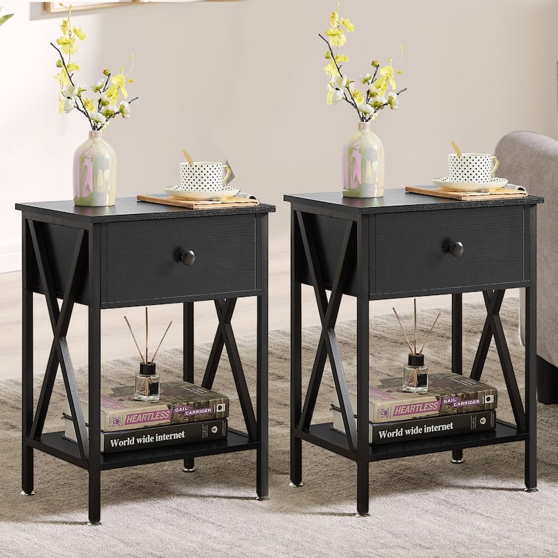 Modern 1-Drawert Nightstands X-Design with Storage Shelf, Set of 2 Nightstands - Black