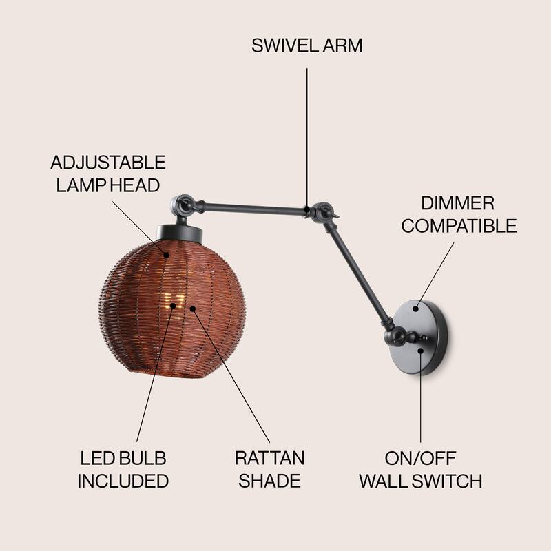 Ivan 22" 1-Light Mid-Century Vintage Rattan Globe Swing Arm LED Sconce, Dark Brown/Black, by JONATHAN Y