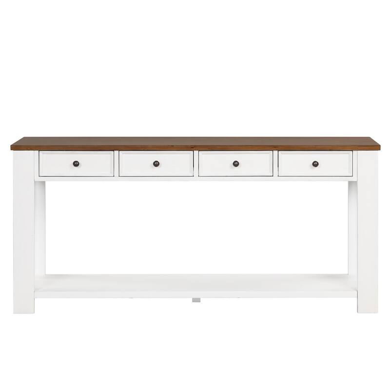 Pine Wood Console Table with 4 Drawers and Bottom Shelf for Entryway Hallway