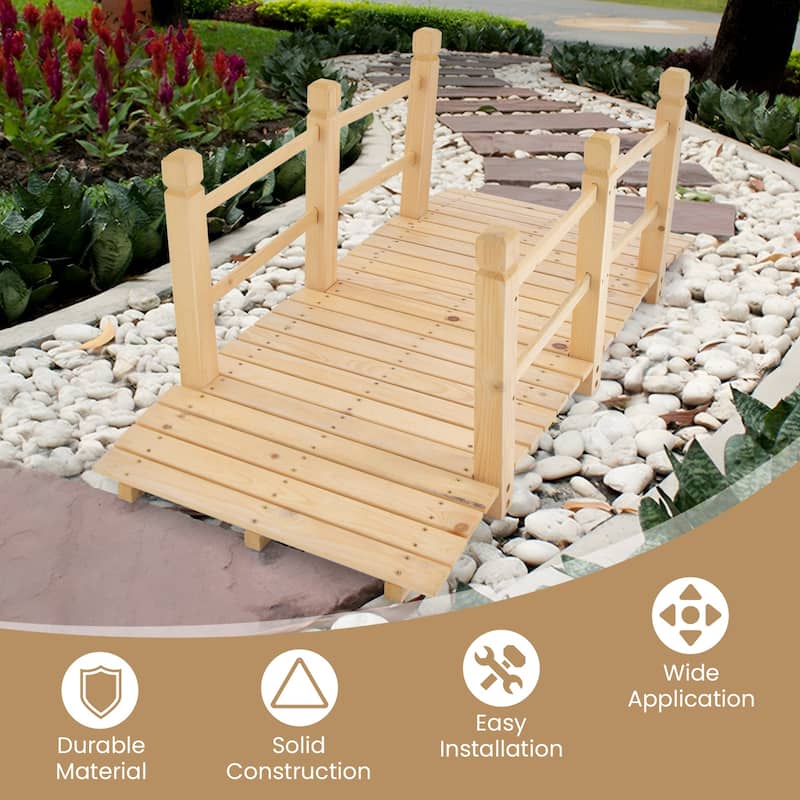 Costway 5' Wooden Garden Bridge Arc Stained Finish Footbridge Backyard