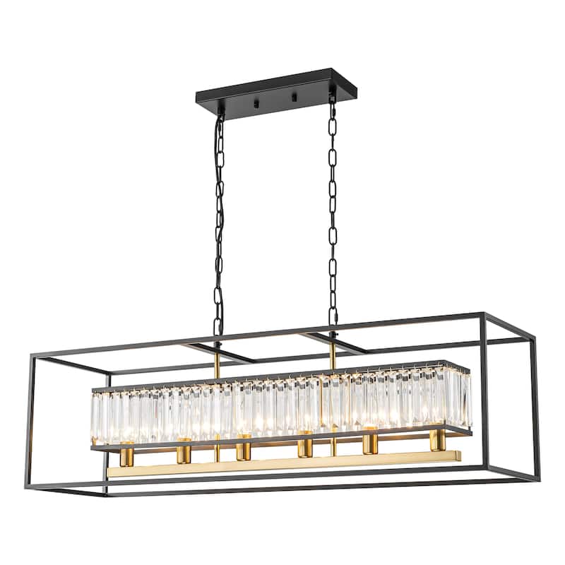 6-Light Modern Black & Gold Rectangular Crystal Large Chandelier for Dining Room Table - 39.37 in. W x 11.02 in. H x 11.81 in. D