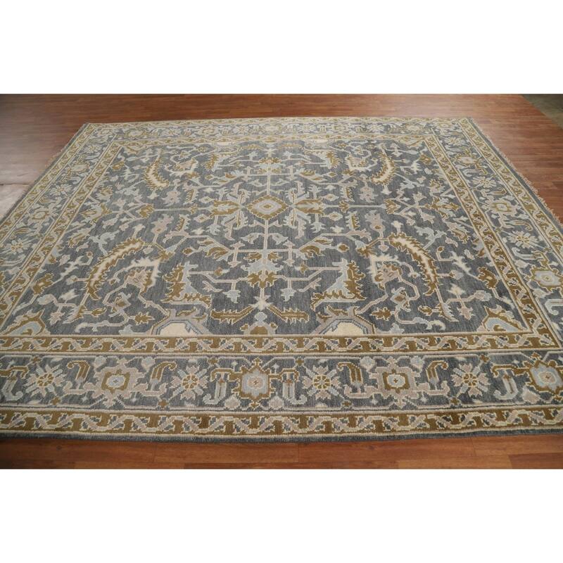 All-Over Gray Oushak Indian Area Rug Hand-Knotted Wool Carpet - 8'1"x 9'11"