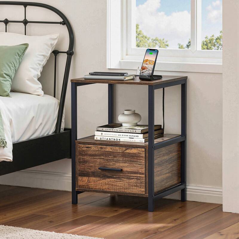 VECELO Mid Century Modern Nightstand with Charging Station USB Port Open Storage Shelf Square End Table for Bedroom