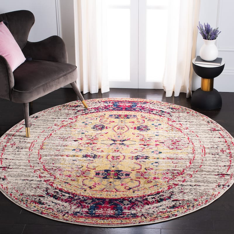 SAFAVIEH Monaco Iginia Distressed Boho Rug - 5' Round - Ivory/Pink