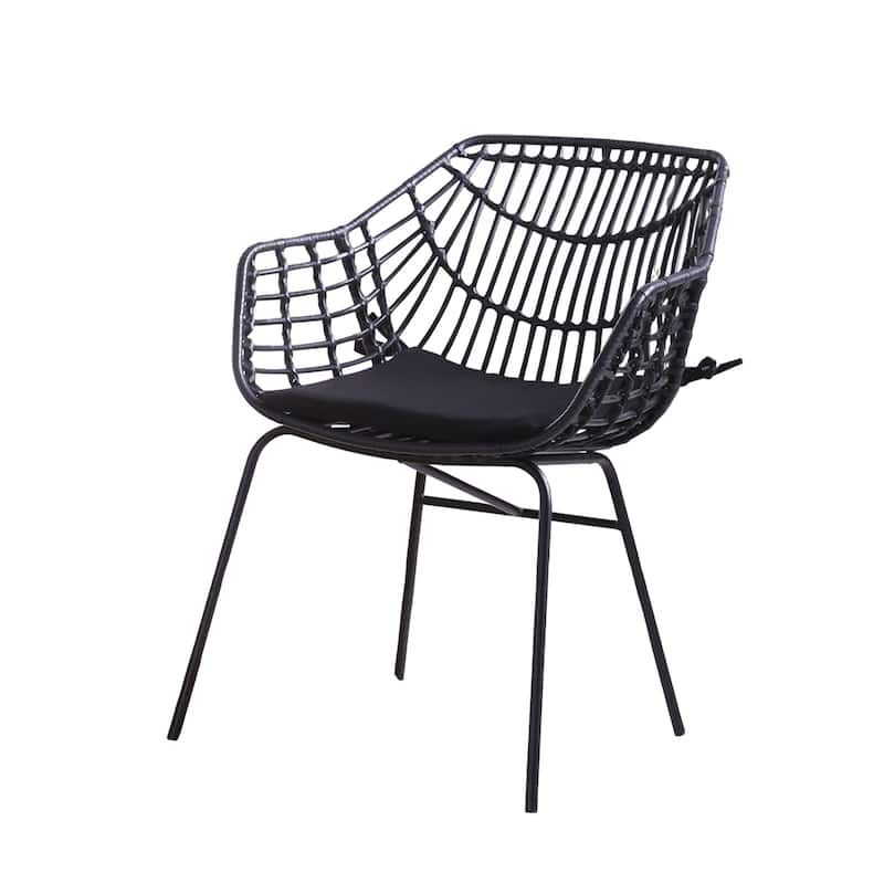 Zyan 3pc Outdoor Set, 2 Accent Chairs with Table, Black Steel, Brown Rattan
