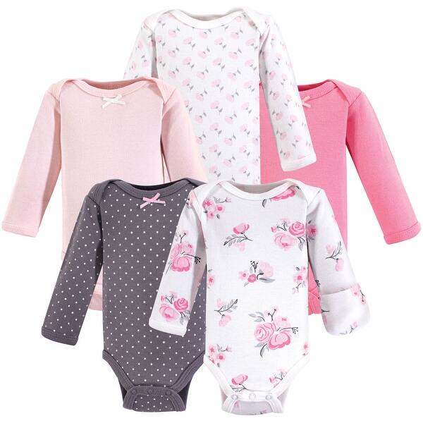 slide 1 of 1, Hudson Baby Infant Girl Cotton Preemie Long-Sleeve Bodysuits 5pk, Basic Pink Floral, Preemie - Basic Pink Floral Long-Sleeve Preemie - Basic Pink Floral Long-Sleeve