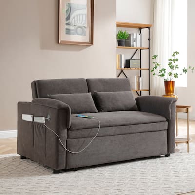 3 in 1 Convertible Sofa Bed with USB Port, Velvet 2 Seater Pull Out Sofa Bed, Loveseat Sofa with Adjustable Back & Side Pockets