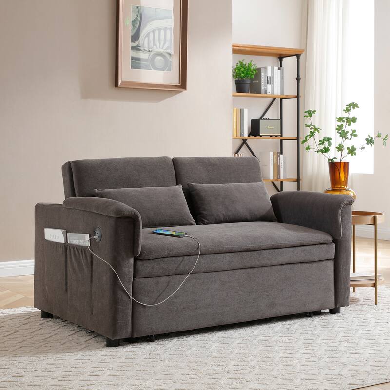 Anmytek 55" Velvet Loveseat Sleeper Sofa 3-in-1 Pull Out Bed Adjustable Backrest USB Ports Side Pockets - Grey