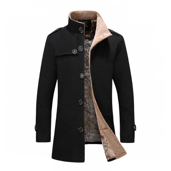 Shop Men's Mid Long Wool Woolen Pea Coat Stand Collar Overcoat Winter ...