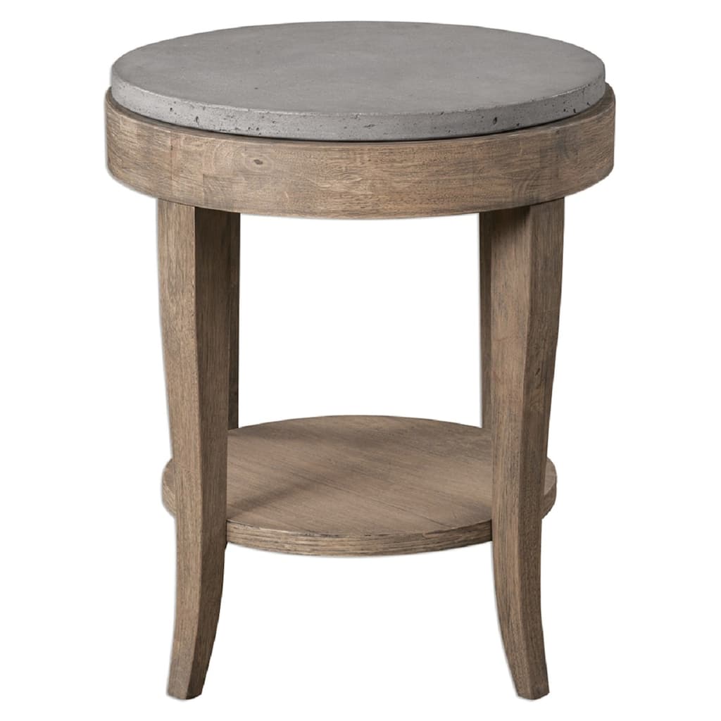 28.5" Brown Gray Vintage Style Round Concrete Birchwood Accent Table