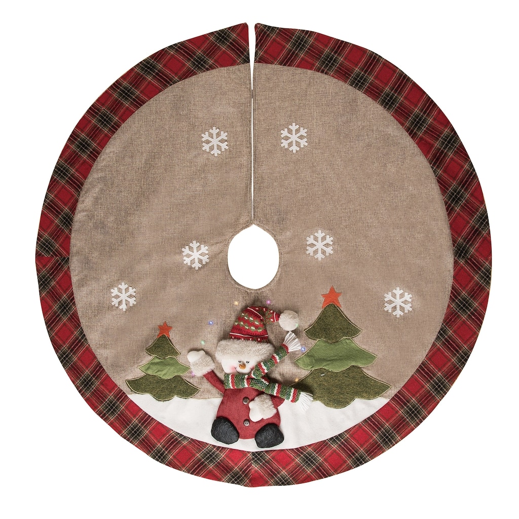 Transpac Polyester 42 in. Multicolored Christmas Light Up Rustic Snowman Tree Skirt