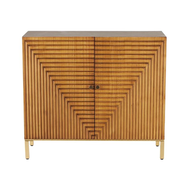 Brown Wood Carved Square Geometric Cabinet with Gold Accents