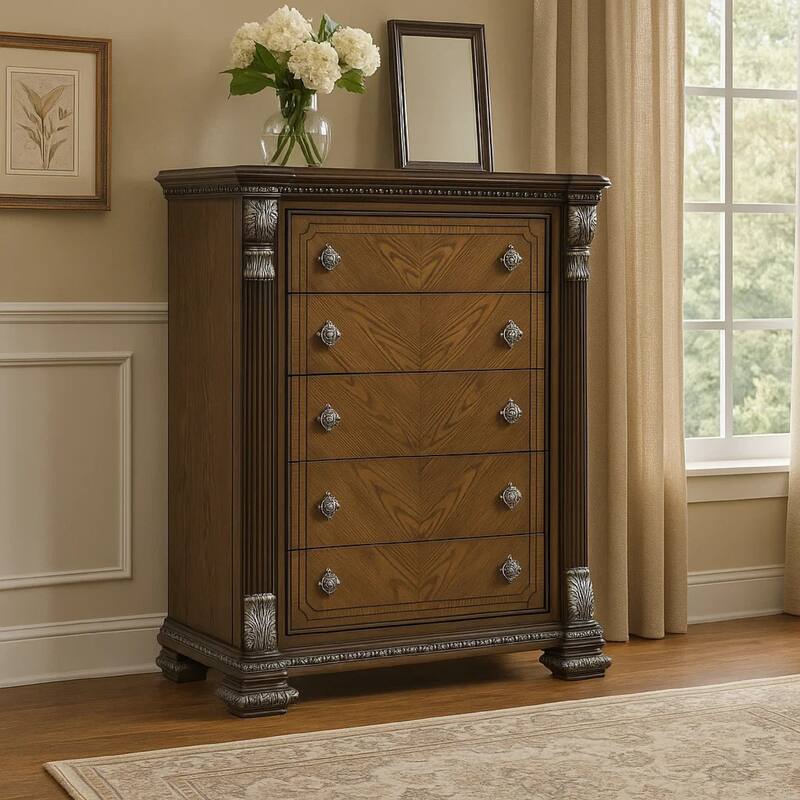 Naddy Tall Dresser Chest, Brown Pine Wood, Ornate Carving